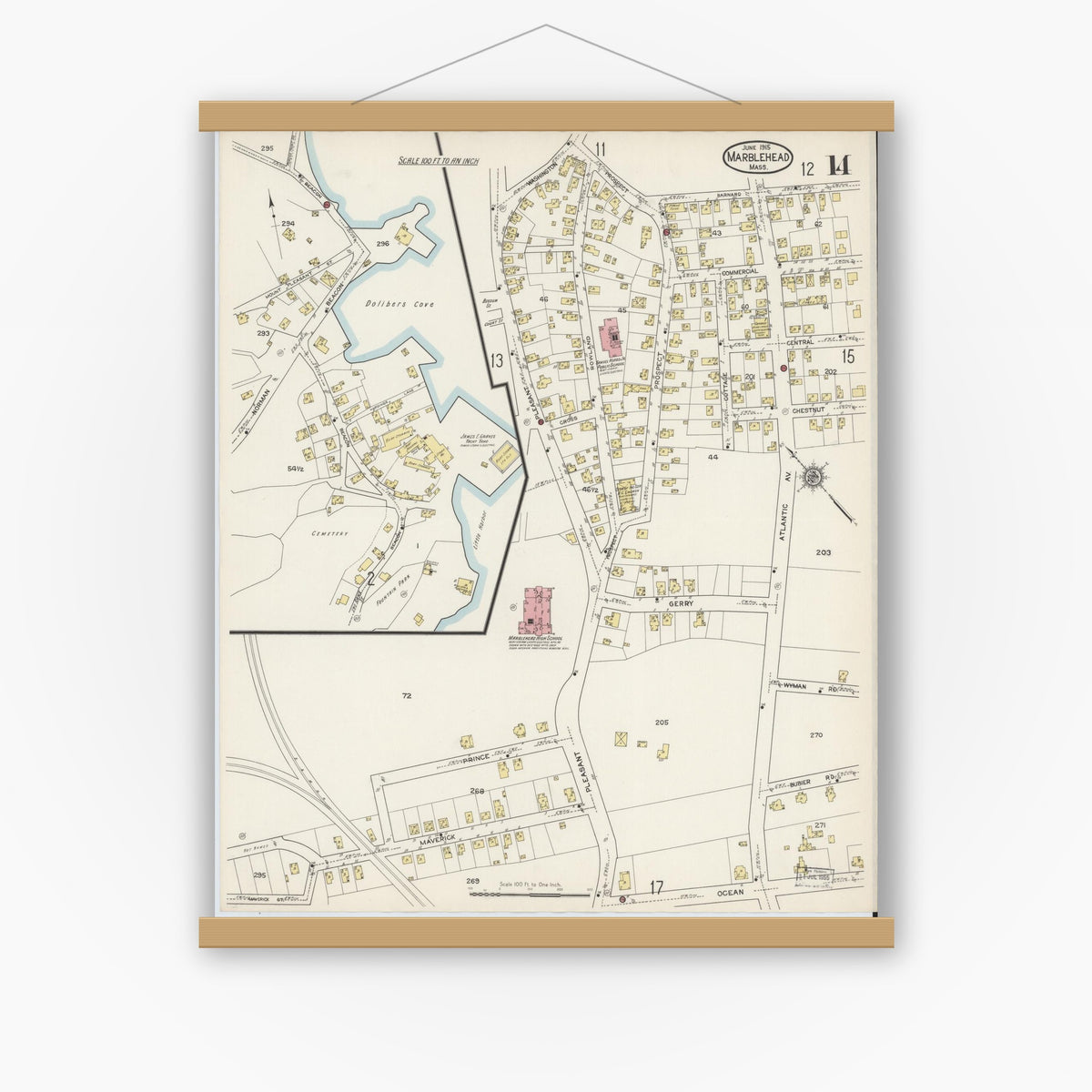 Old map wall art mockup — magnetic wood frame on white wall — Sanborn Fire Insurance Map from Marblehead, Essex County, Massachusetts (1915), Sheet #0014