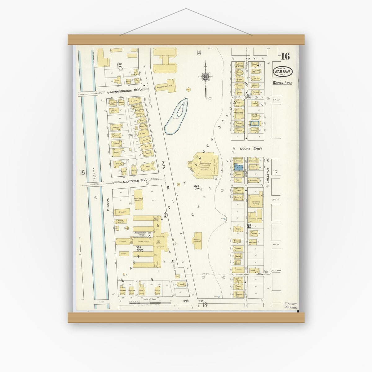 Old map wall art mockup — magnetic wood frame on white wall — Sanborn Fire Insurance Map from Warsaw, Kosciusko County, Indiana (1917), Sheet #0016