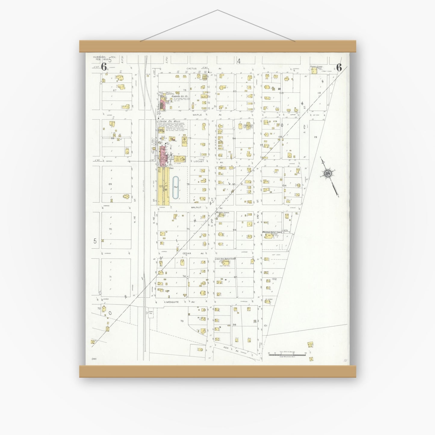 Old map wall art mockup — magnetic wood frame on white wall — Sanborn Fire Insurance Map from Hubbard, Hill County, Texas (1935), Sheet #0006