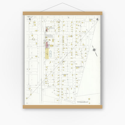 Old map wall art mockup — magnetic wood frame on white wall — Sanborn Fire Insurance Map from Hubbard, Hill County, Texas (1935), Sheet #0006