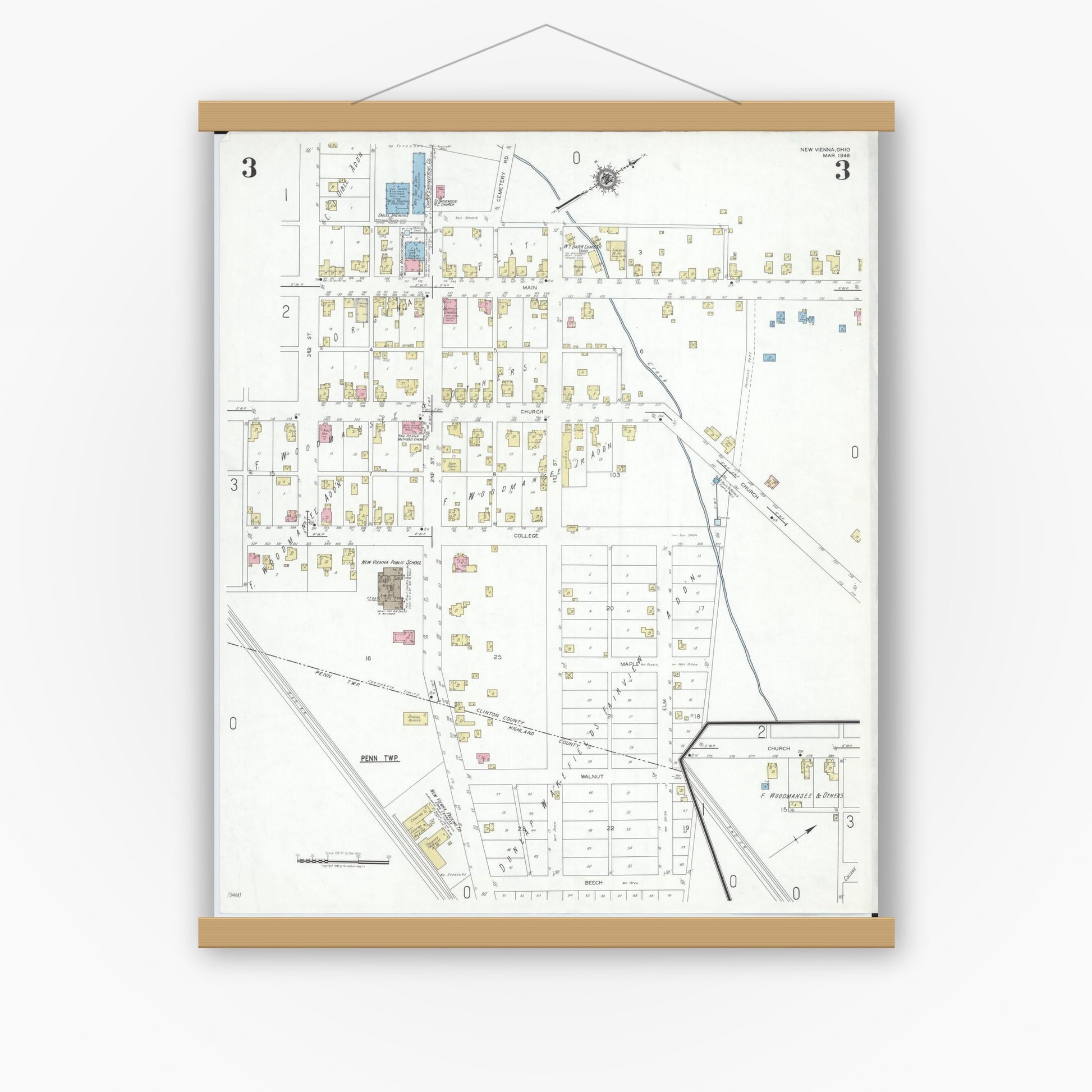 Old map wall art mockup — magnetic wood frame on white wall — Sanborn Fire Insurance Map from New Vienna, Clinton County, Ohio (1948), Sheet #0003