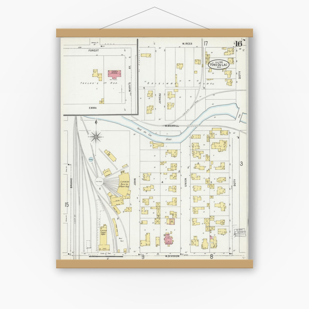 Old map wall art mockup — magnetic wood frame on white wall — Sanborn Fire Insurance Map from Fond du Lac, Fond du Lac County, Wisconsin (1898), Sheet #0016