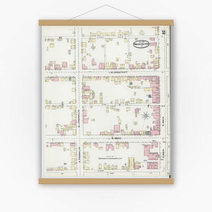 Old map wall art mockup — magnetic wood frame on white wall — Sanborn Fire Insurance Map from Washington, Washington County, Pennsylvania (1891), Sheet #0002