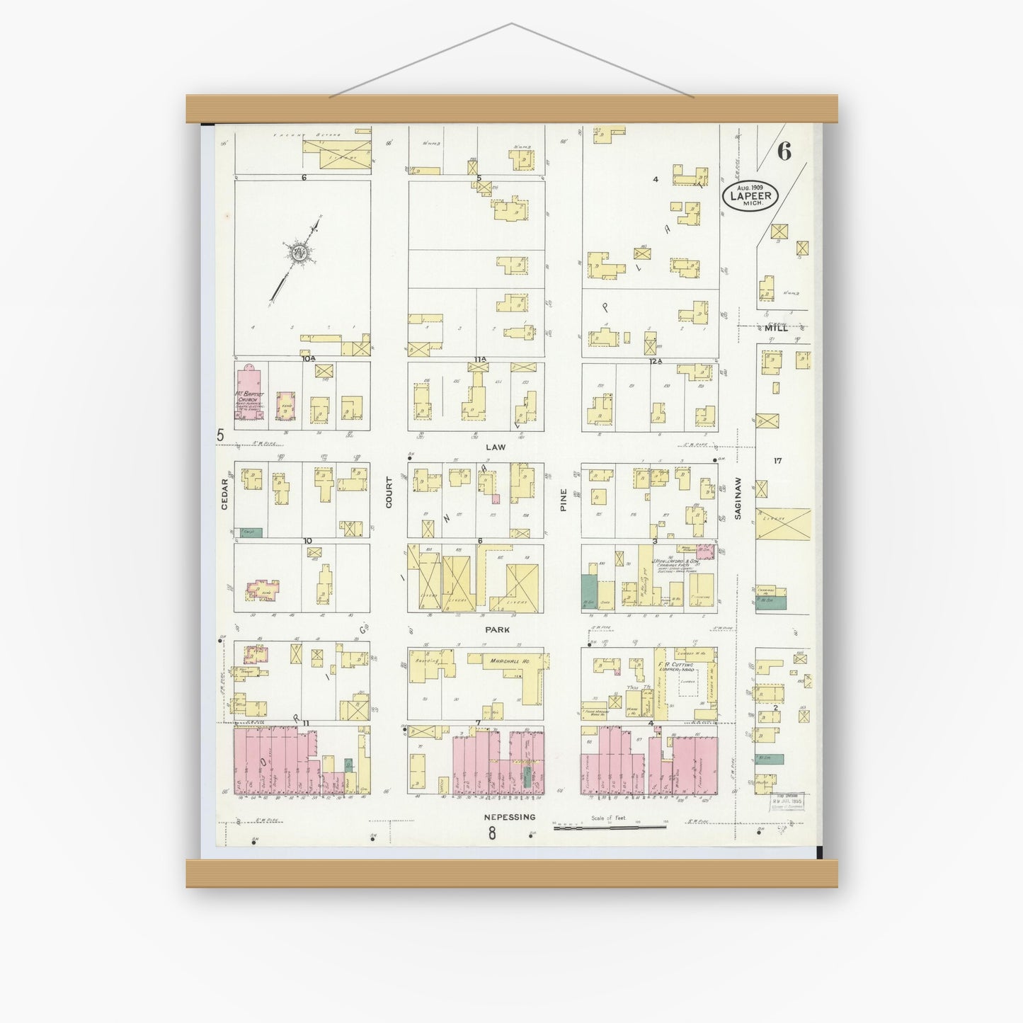 Old map wall art mockup — magnetic wood frame on white wall — Sanborn Fire Insurance Map from Lapeer, Lapeer County, Michigan (1909), Sheet #0006
