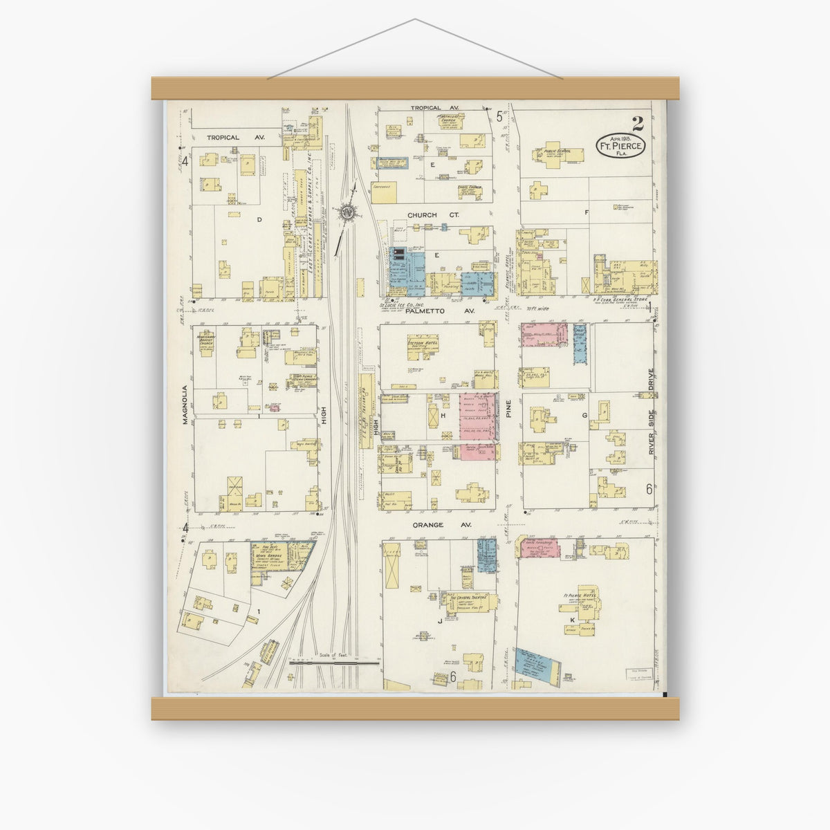 Old map wall art mockup — magnetic wood frame on white wall — Sanborn Fire Insurance Map from Fort Pierce, St Lucie County, Florida (1915), Sheet #0002