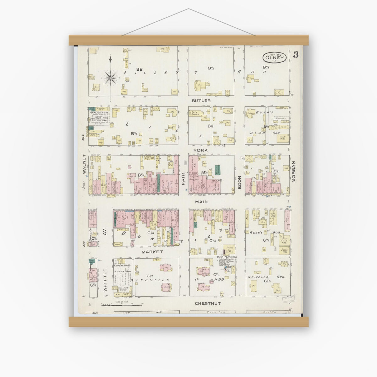 Old map wall art mockup — magnetic wood frame on white wall — Sanborn Fire Insurance Map from Olney, Richland County, Illinois (1886), Sheet #0003