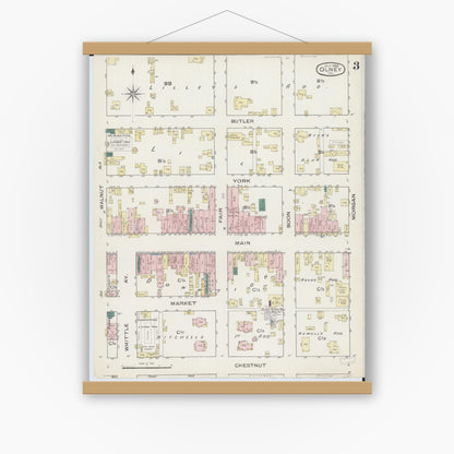 Old map wall art mockup — magnetic wood frame on white wall — Sanborn Fire Insurance Map from Olney, Richland County, Illinois (1886), Sheet #0003