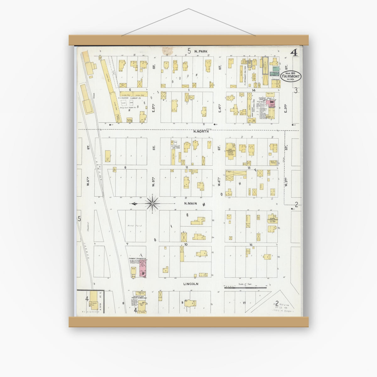 Old map wall art mockup — magnetic wood frame on white wall — Sanborn Fire Insurance Map from Fairmont, Martin County, Minnesota (1905), Sheet #0004