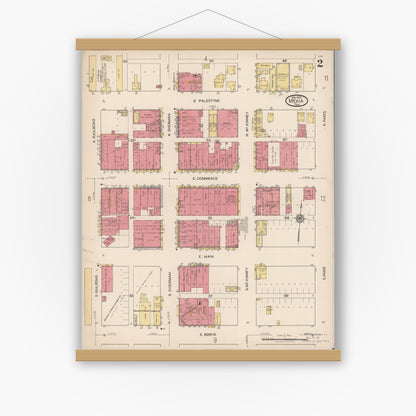 Old map wall art mockup — magnetic wood frame on white wall — Sanborn Fire Insurance Map from Mexia, Limestone County, Texas (1922), Sheet #0002