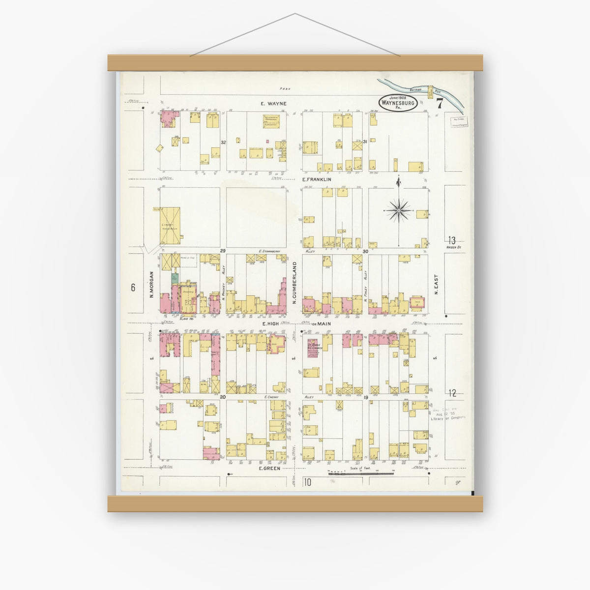 Old map wall art mockup — magnetic wood frame on white wall — Sanborn Fire Insurance Map from Waynesburg, Greene County, Pennsylvania (1908), Sheet #0007