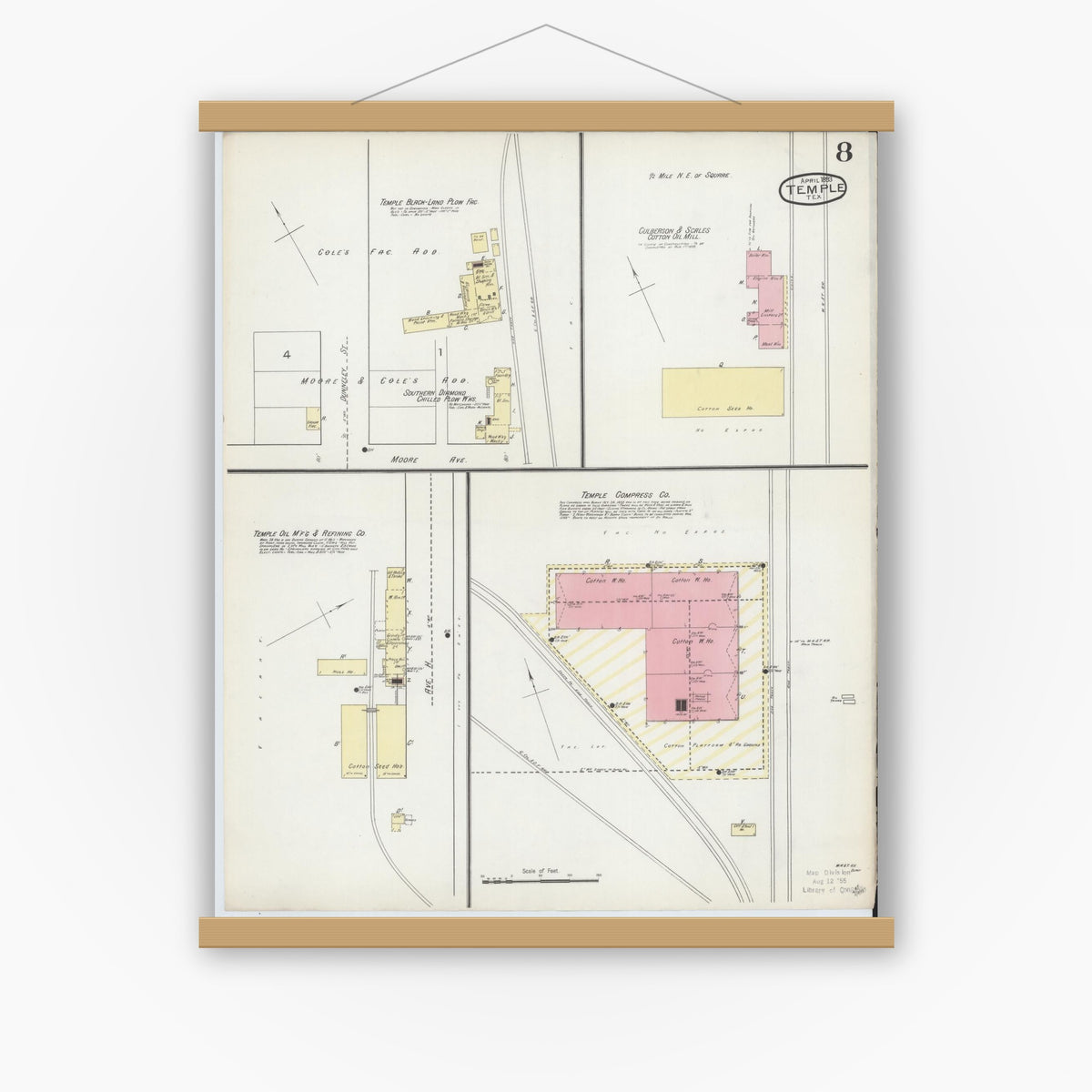 Old map wall art mockup — magnetic wood frame on white wall — Sanborn Fire Insurance Map from Temple, Bell County, Texas (1893), Sheet #0008