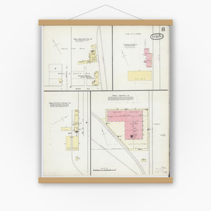 Old map wall art mockup — magnetic wood frame on white wall — Sanborn Fire Insurance Map from Temple, Bell County, Texas (1893), Sheet #0008