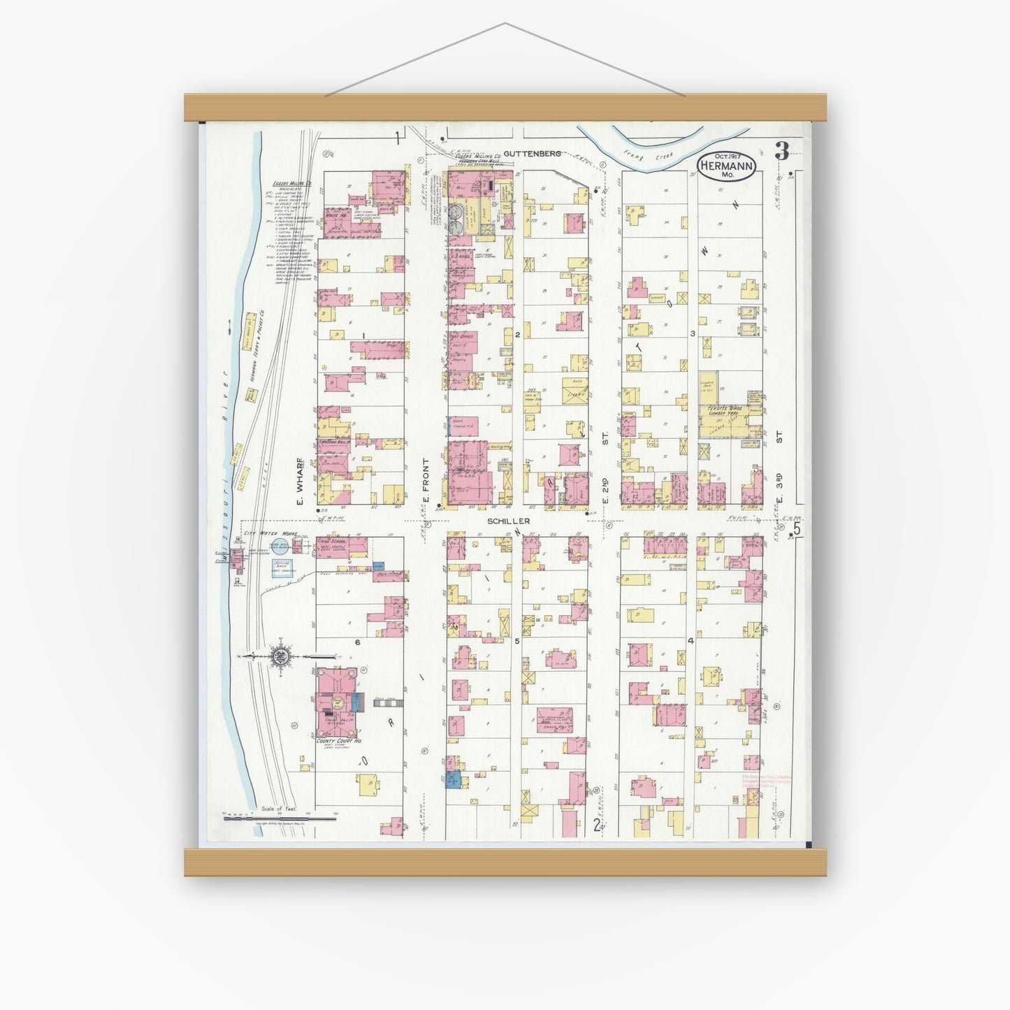Old map wall art mockup — magnetic wood frame on white wall — Sanborn Fire Insurance Map from Hermann, Gasconade County, Missouri (1917), Sheet #0003