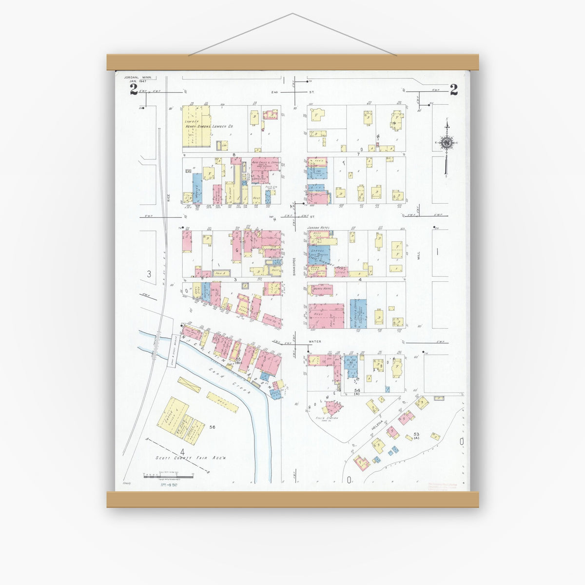 Old map wall art mockup — magnetic wood frame on white wall — Sanborn Fire Insurance Map from Jordan, Scott County, Minnesota (1947), Sheet #0002