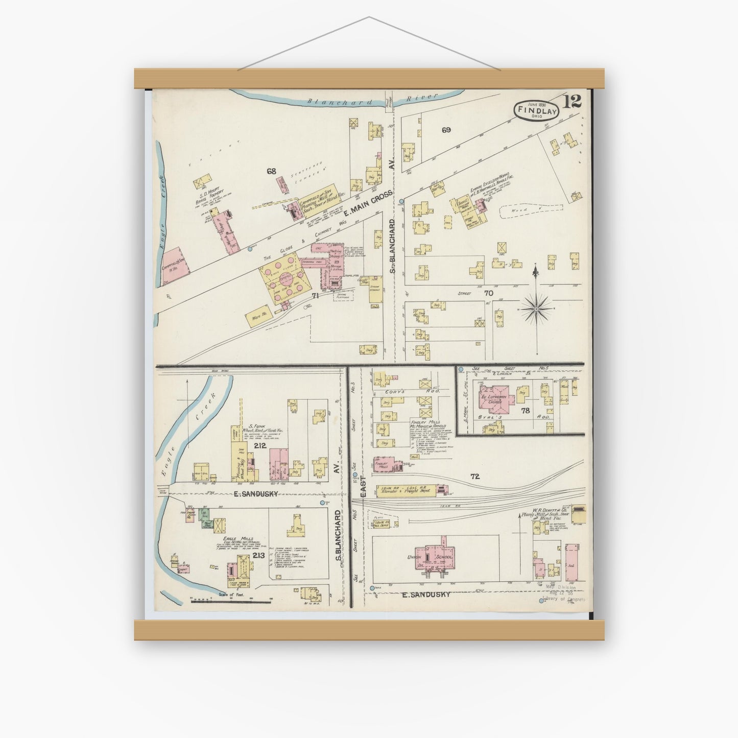 Old map wall art mockup — magnetic wood frame on white wall — Sanborn Fire Insurance Map from Findlay, Hancock County, Ohio (1890), Sheet #0012