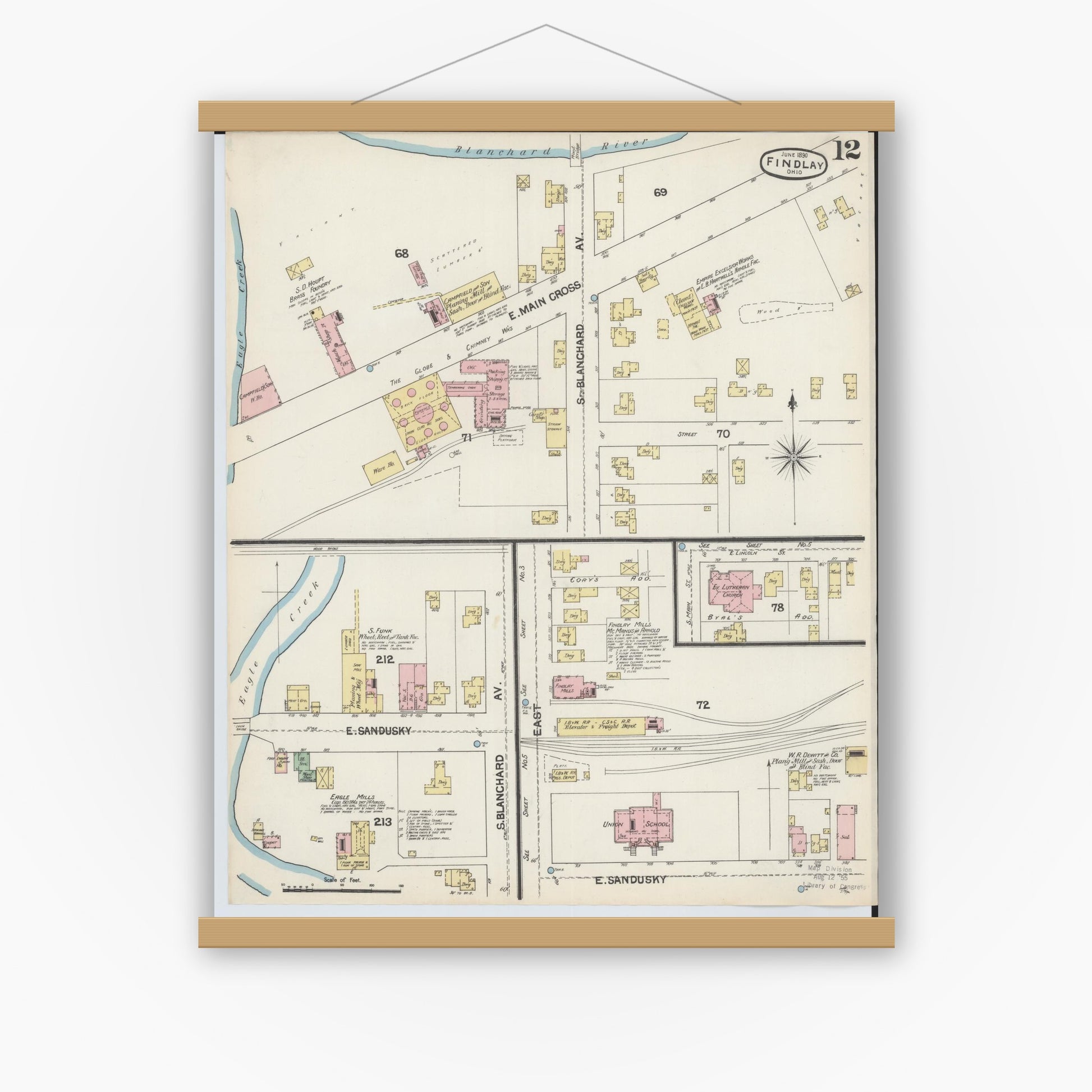 Old map wall art mockup — magnetic wood frame on white wall — Sanborn Fire Insurance Map from Findlay, Hancock County, Ohio (1890), Sheet #0012