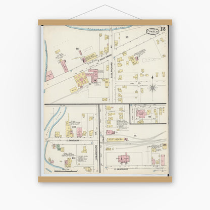 Old map wall art mockup — magnetic wood frame on white wall — Sanborn Fire Insurance Map from Findlay, Hancock County, Ohio (1890), Sheet #0012