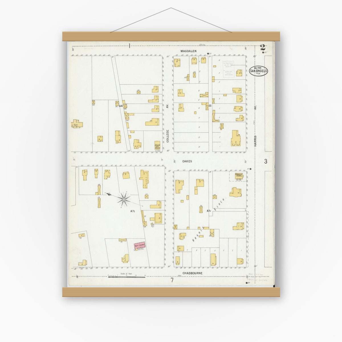 Old map wall art mockup — magnetic wood frame on white wall — Sanborn Fire Insurance Map from San Angelo, Tom Green County, Texas (1900), Sheet #0002