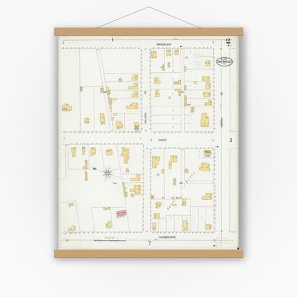 Old map wall art mockup — magnetic wood frame on white wall — Sanborn Fire Insurance Map from San Angelo, Tom Green County, Texas (1900), Sheet #0002