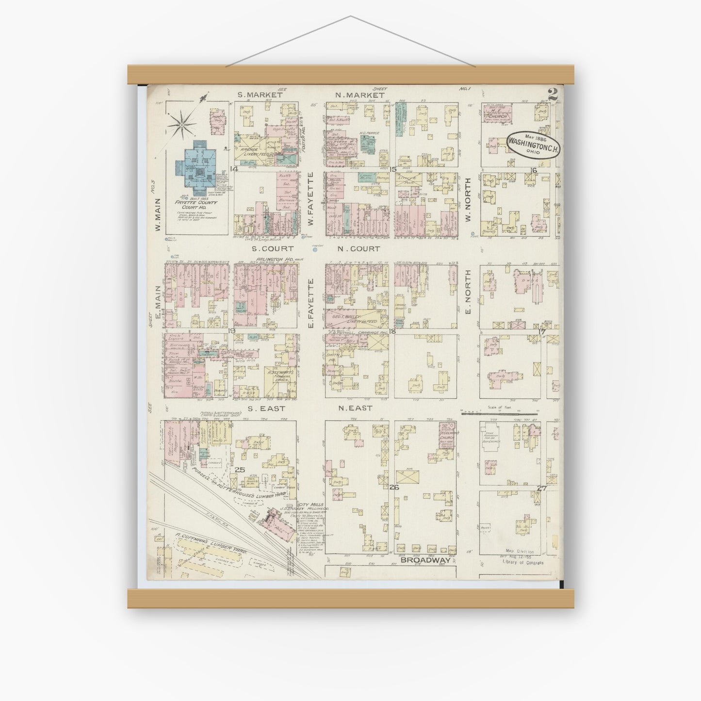 Old map wall art mockup — magnetic wood frame on white wall — Sanborn Fire Insurance Map from Washington Court House, Fayette County, Ohio (1886), Sheet #0002