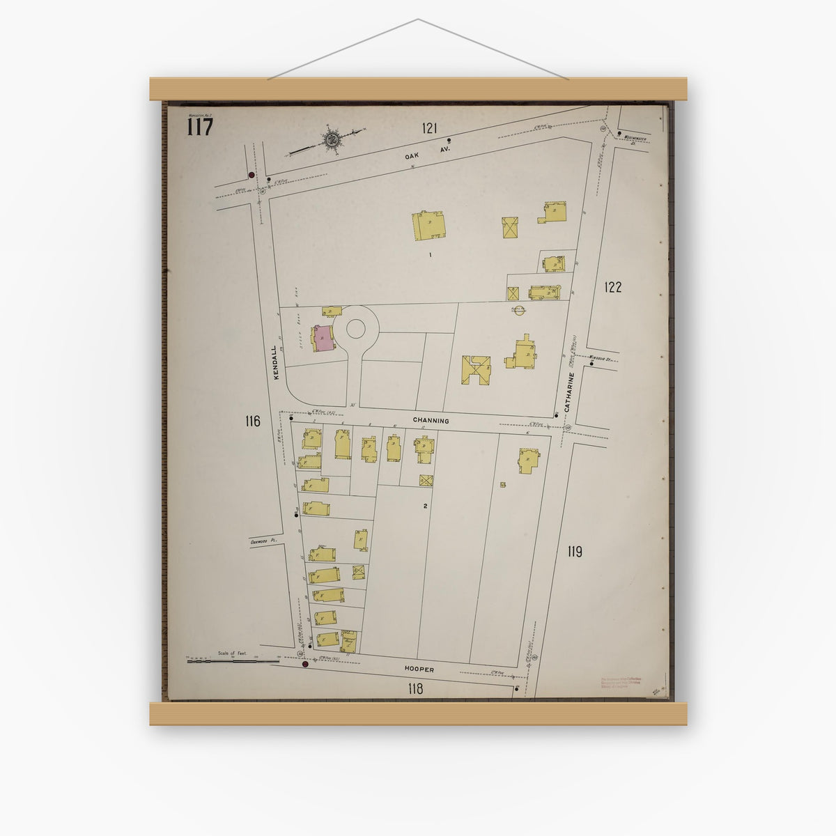 Old map wall art mockup — magnetic wood frame on white wall — Sanborn Fire Insurance Map from Worcester, Worcester County, Massachusetts (1910), Sheet #0117