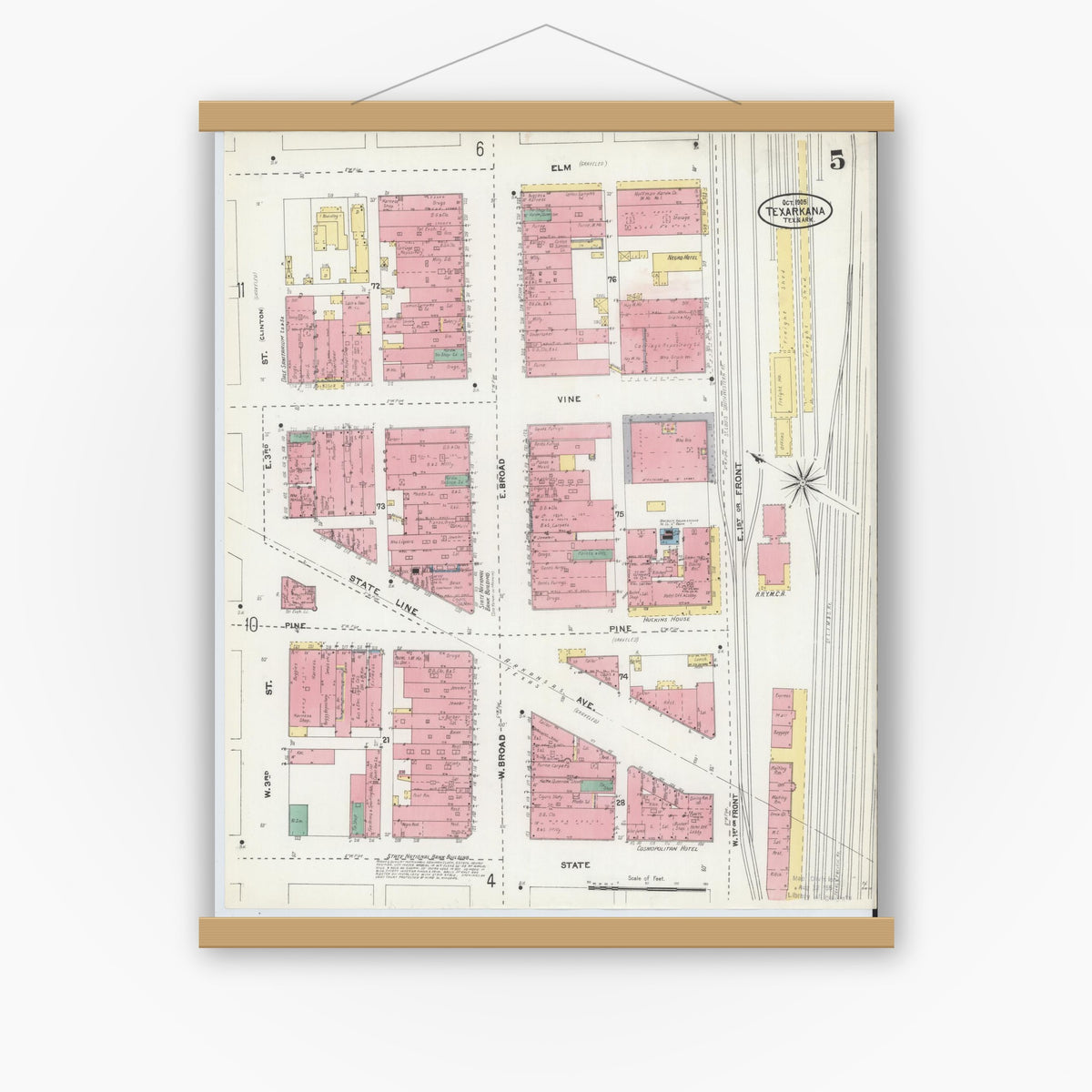 Old map wall art mockup — magnetic wood frame on white wall — Sanborn Fire Insurance Map from Texarkana, Bowie County, Texas (1905), Sheet #0005