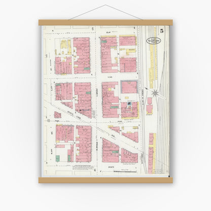 Old map wall art mockup — magnetic wood frame on white wall — Sanborn Fire Insurance Map from Texarkana, Bowie County, Texas (1905), Sheet #0005