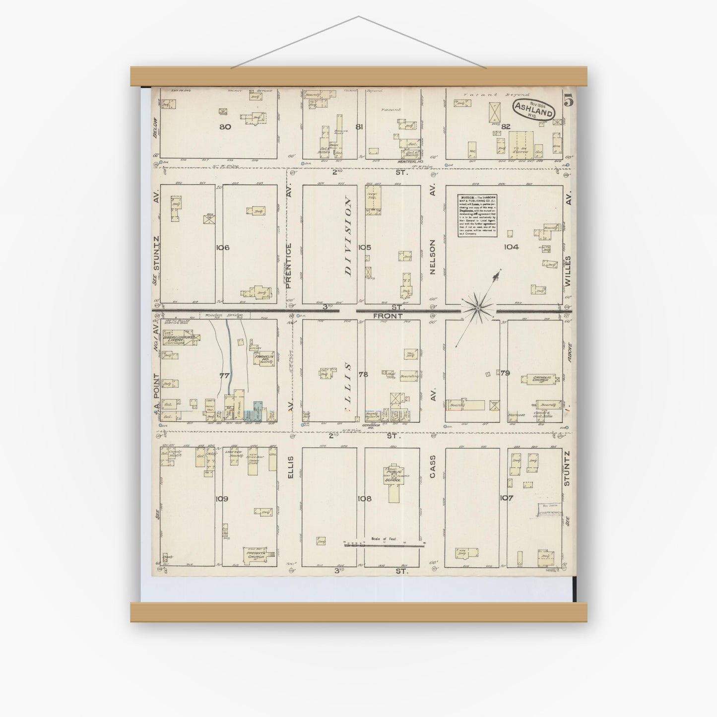 Old map wall art mockup — magnetic wood frame on white wall — Sanborn Fire Insurance Map from Ashland, Ashland County, Wisconsin (1884), Sheet #0005