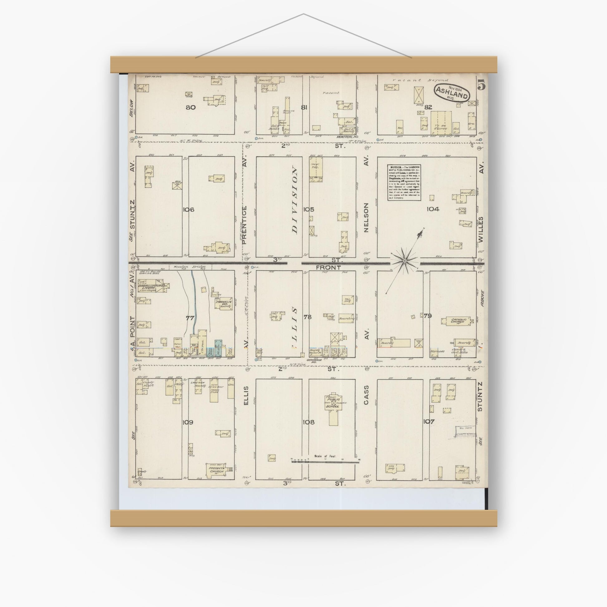 Old map wall art mockup — magnetic wood frame on white wall — Sanborn Fire Insurance Map from Ashland, Ashland County, Wisconsin (1884), Sheet #0005