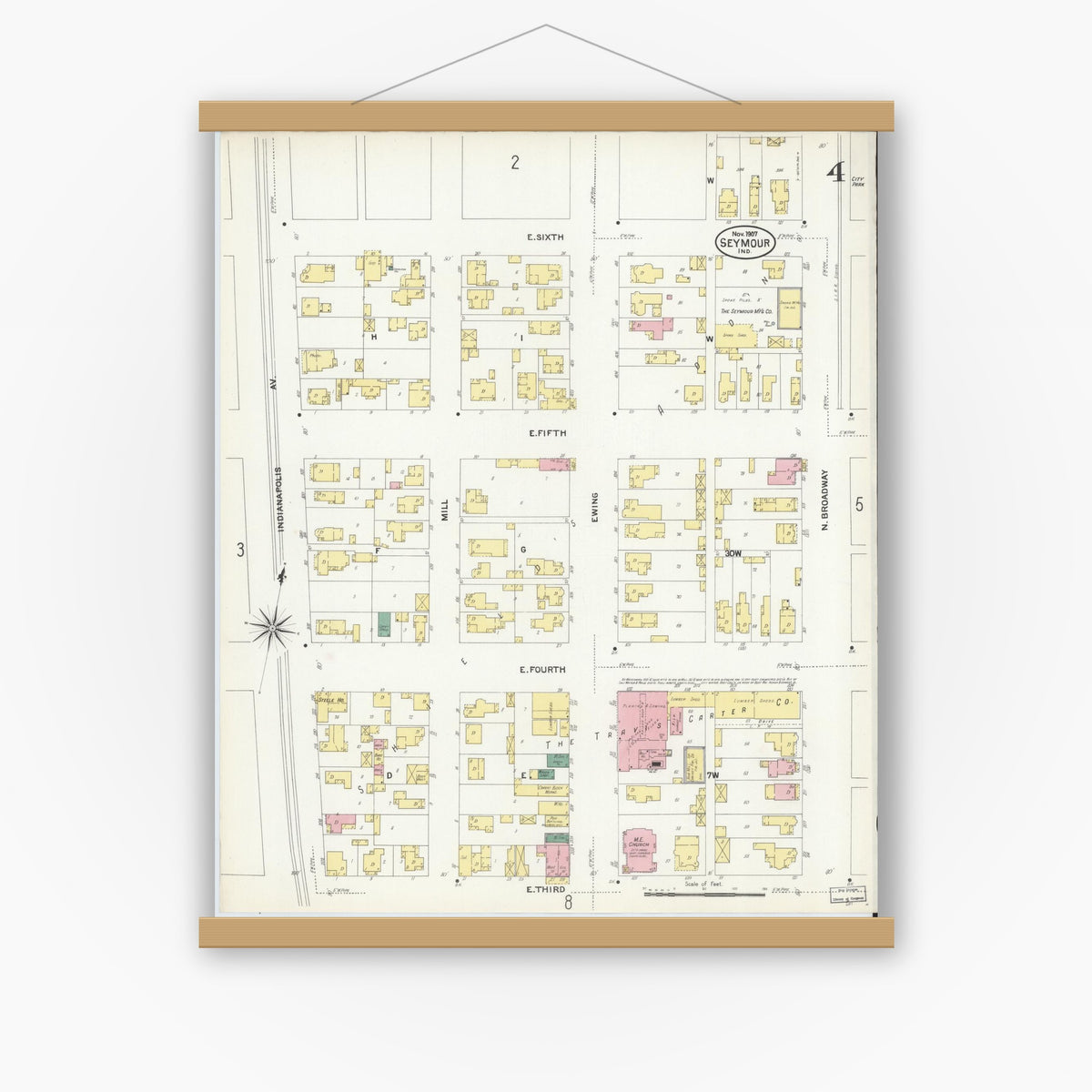 Old map wall art mockup — magnetic wood frame on white wall — Sanborn Fire Insurance Map from Seymour, Jackson County, Indiana (1907), Sheet #0004