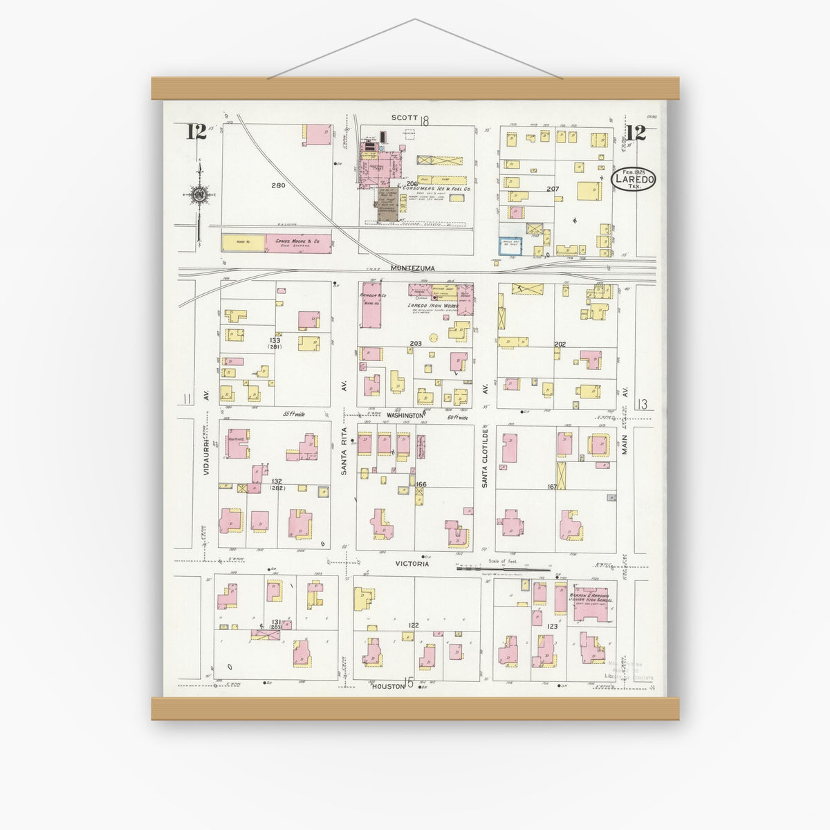 Old map wall art mockup — magnetic wood frame on white wall — Sanborn Fire Insurance Map from Laredo, Webb County, Texas (1925), Sheet #0012