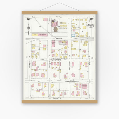 Old map wall art mockup — magnetic wood frame on white wall — Sanborn Fire Insurance Map from Laredo, Webb County, Texas (1925), Sheet #0012