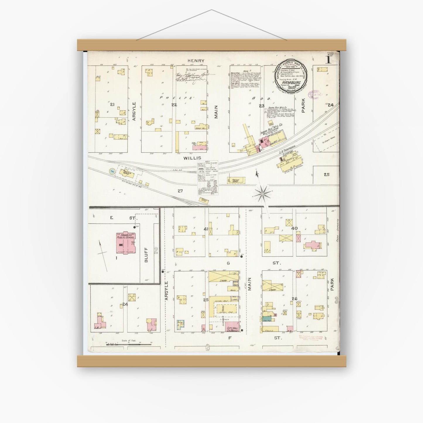 Old map wall art mockup — magnetic wood frame on white wall — Sanborn Fire Insurance Map from Hamburg, Fremont County, Iowa (1893) â€” Complete Set
