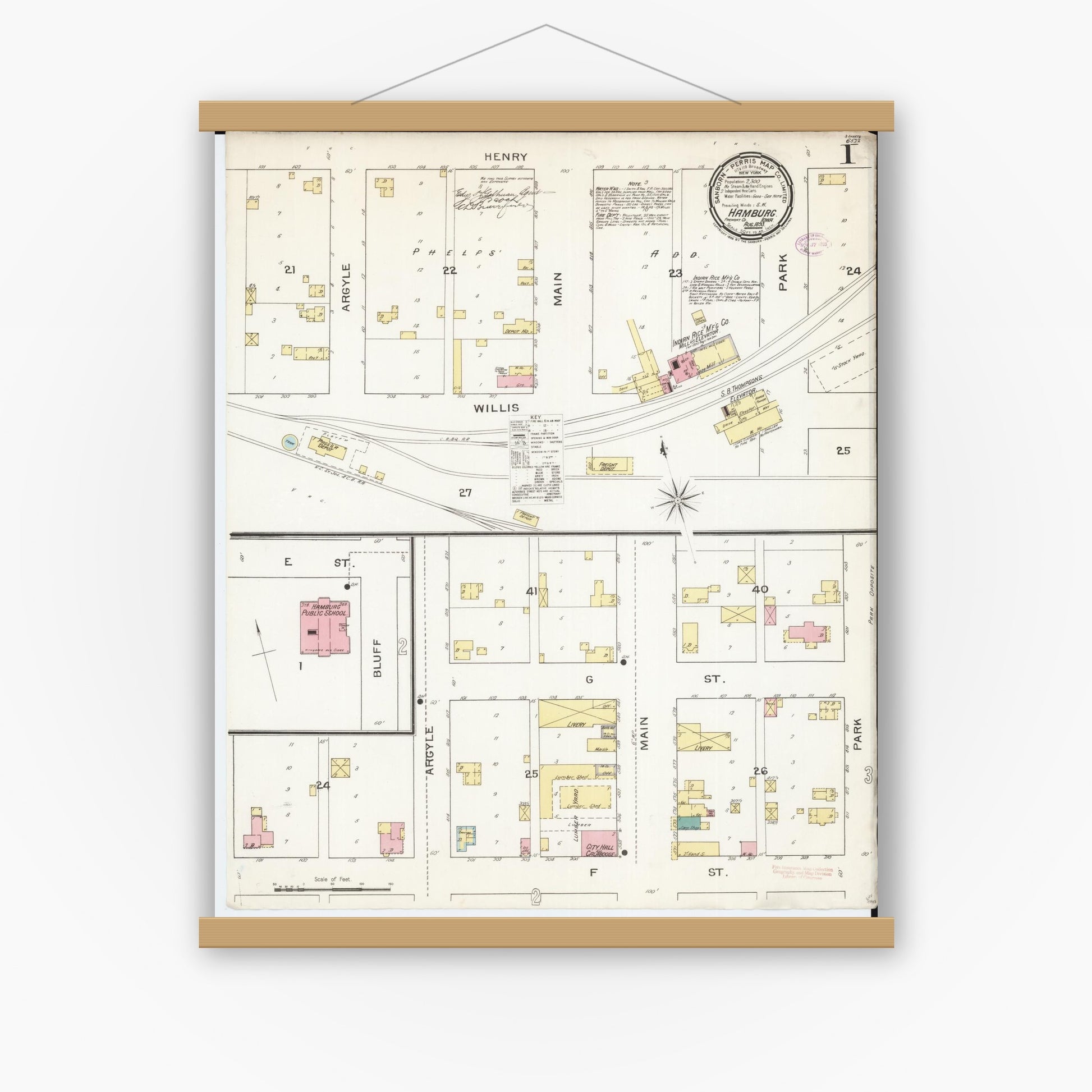 Old map wall art mockup — magnetic wood frame on white wall — Sanborn Fire Insurance Map from Hamburg, Fremont County, Iowa (1893) â€” Complete Set