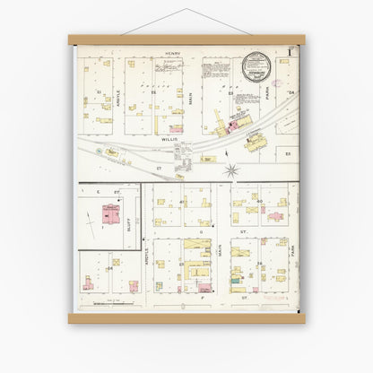 Old map wall art mockup — magnetic wood frame on white wall — Sanborn Fire Insurance Map from Hamburg, Fremont County, Iowa (1893) â€” Complete Set