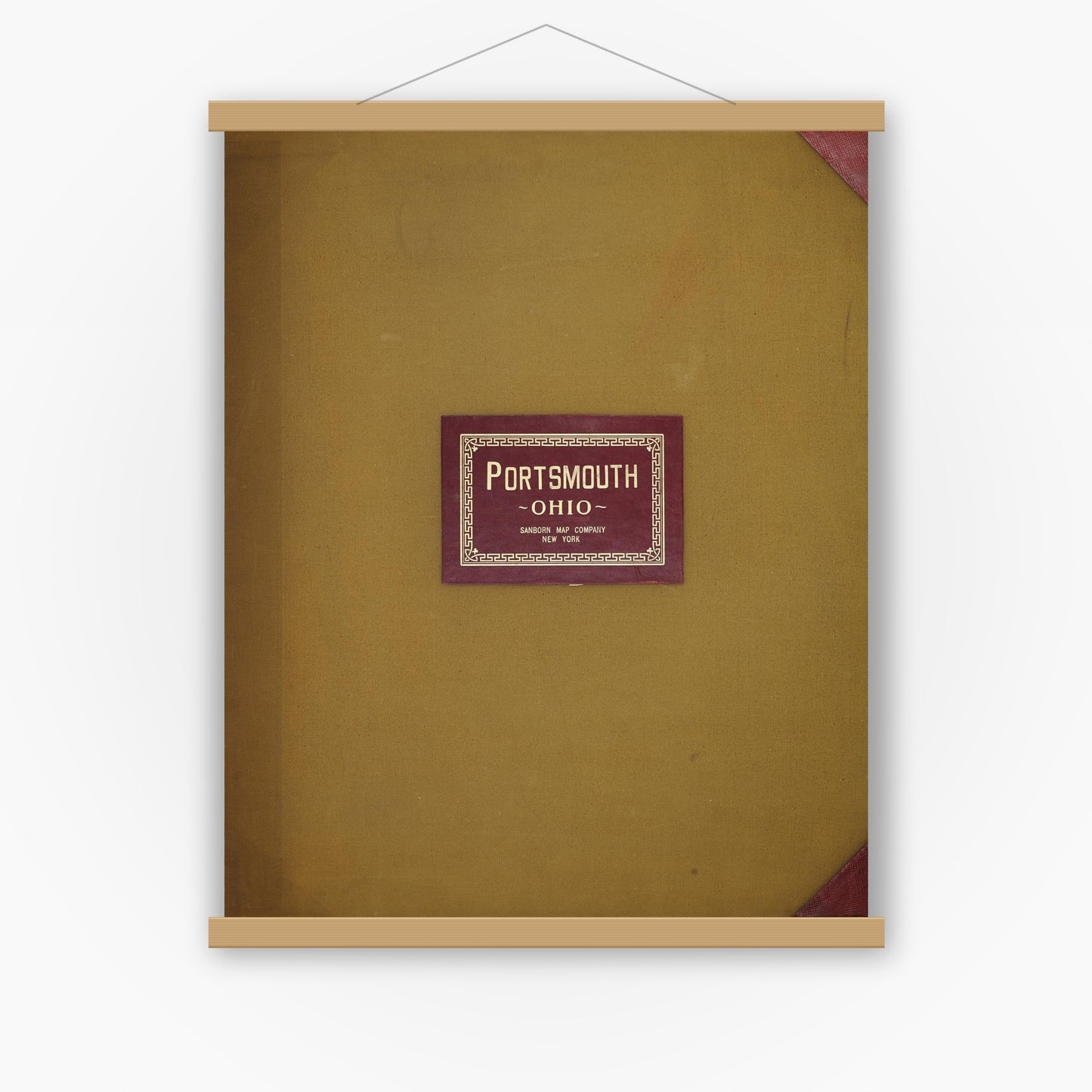 Old map wall art mockup — magnetic wood frame on white wall — Sanborn Fire Insurance Map from Portsmouth, Scioto County, Ohio (1950), Sheet #0001