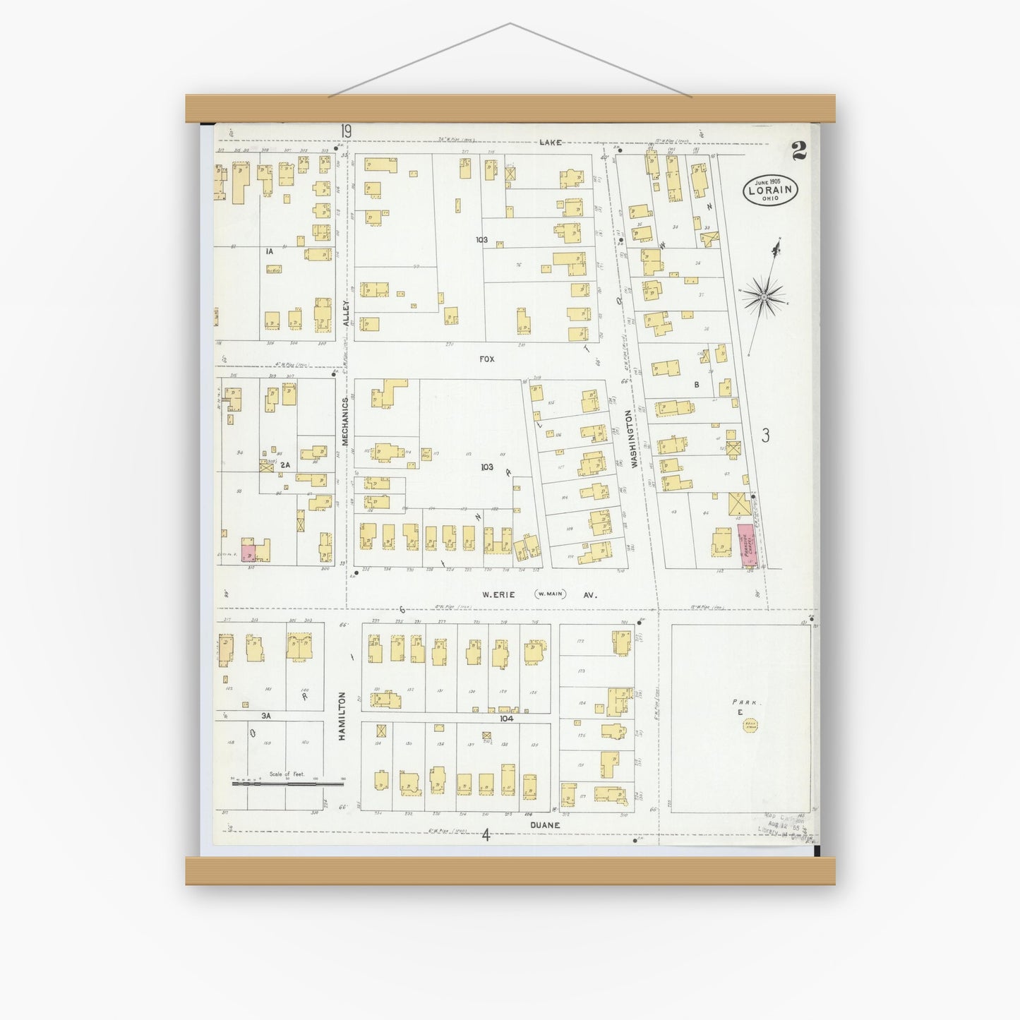 Old map wall art mockup — magnetic wood frame on white wall — Sanborn Fire Insurance Map from Lorain, Lorain County, Ohio (1905), Sheet #0002