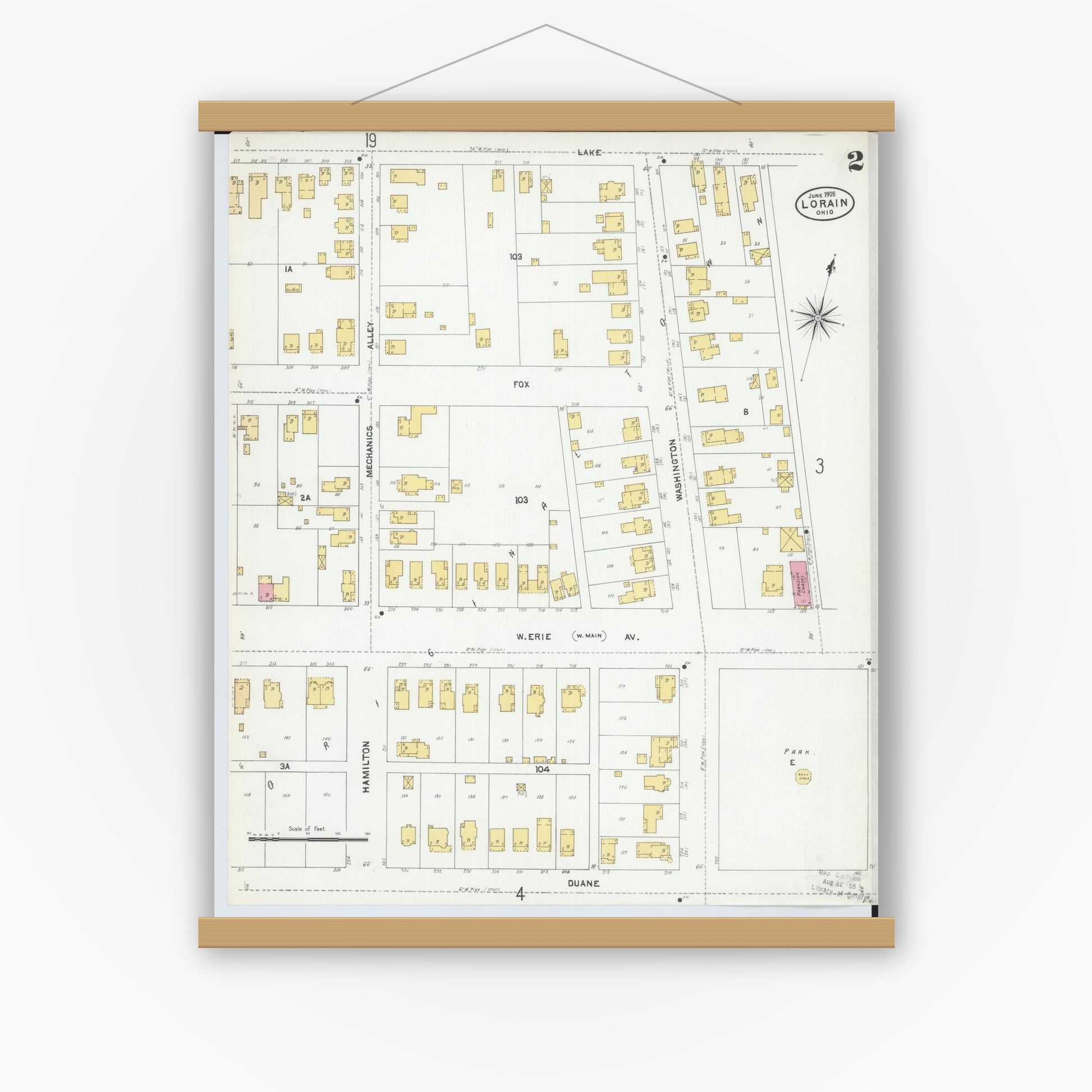 Old map wall art mockup — magnetic wood frame on white wall — Sanborn Fire Insurance Map from Lorain, Lorain County, Ohio (1905), Sheet #0002