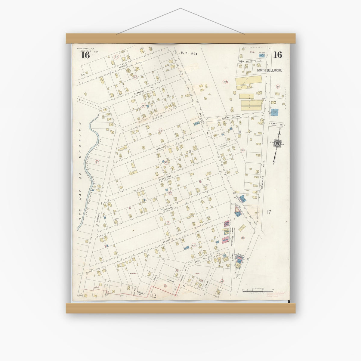 Old map wall art mockup — magnetic wood frame on white wall — Sanborn Fire Insurance Map from Bellmore, Nassau County, New York (1945), Sheet #0016