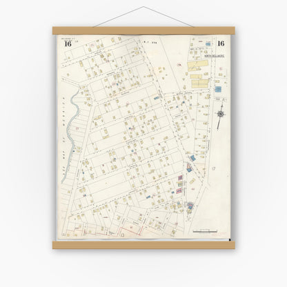 Old map wall art mockup — magnetic wood frame on white wall — Sanborn Fire Insurance Map from Bellmore, Nassau County, New York (1945), Sheet #0016