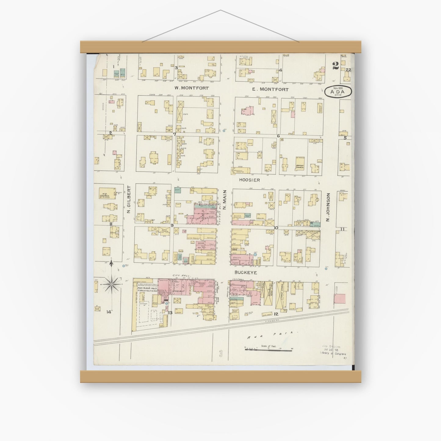 Old map wall art mockup — magnetic wood frame on white wall — Sanborn Fire Insurance Map from Ada, Hardin County, Ohio (1892), Sheet #0002