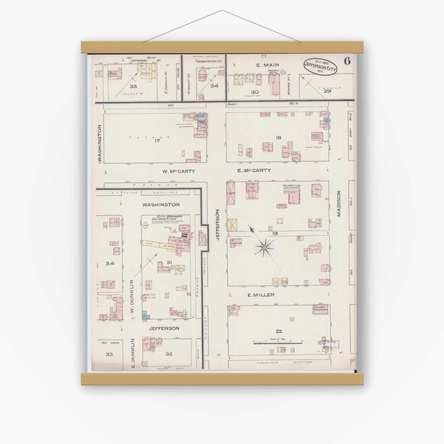 Old map wall art mockup — magnetic wood frame on white wall — Sanborn Fire Insurance Map from Jefferson City, Cole County, Missouri (1885), Sheet #0006