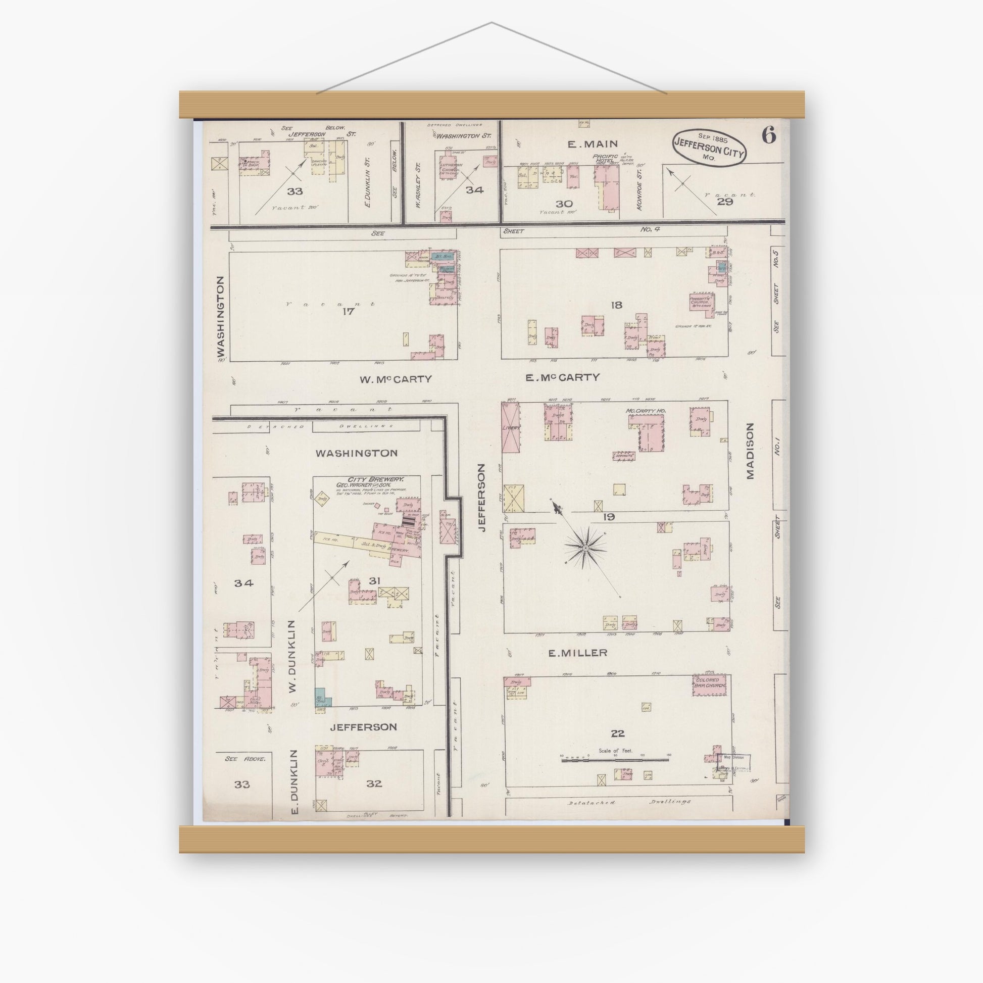 Old map wall art mockup — magnetic wood frame on white wall — Sanborn Fire Insurance Map from Jefferson City, Cole County, Missouri (1885), Sheet #0006