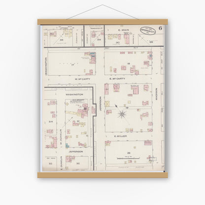Old map wall art mockup — magnetic wood frame on white wall — Sanborn Fire Insurance Map from Jefferson City, Cole County, Missouri (1885), Sheet #0006