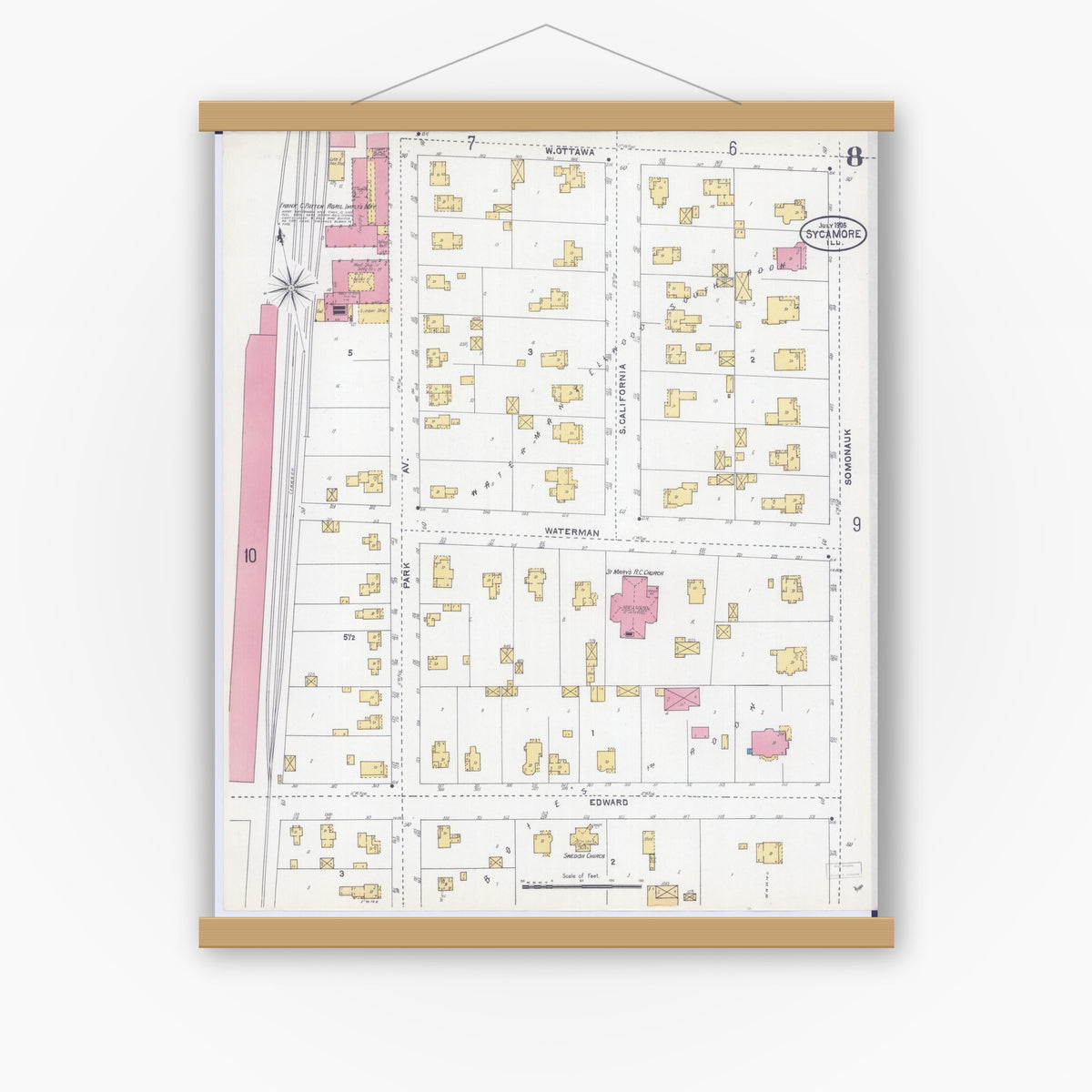 Old map wall art mockup — magnetic wood frame on white wall — Sanborn Fire Insurance Map from Sycamore, De Kalb County, Illinois (1905), Sheet #0008