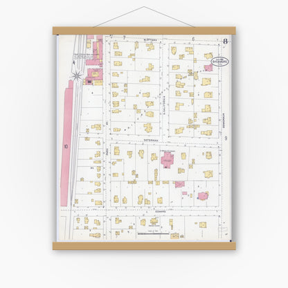 Old map wall art mockup — magnetic wood frame on white wall — Sanborn Fire Insurance Map from Sycamore, De Kalb County, Illinois (1905), Sheet #0008