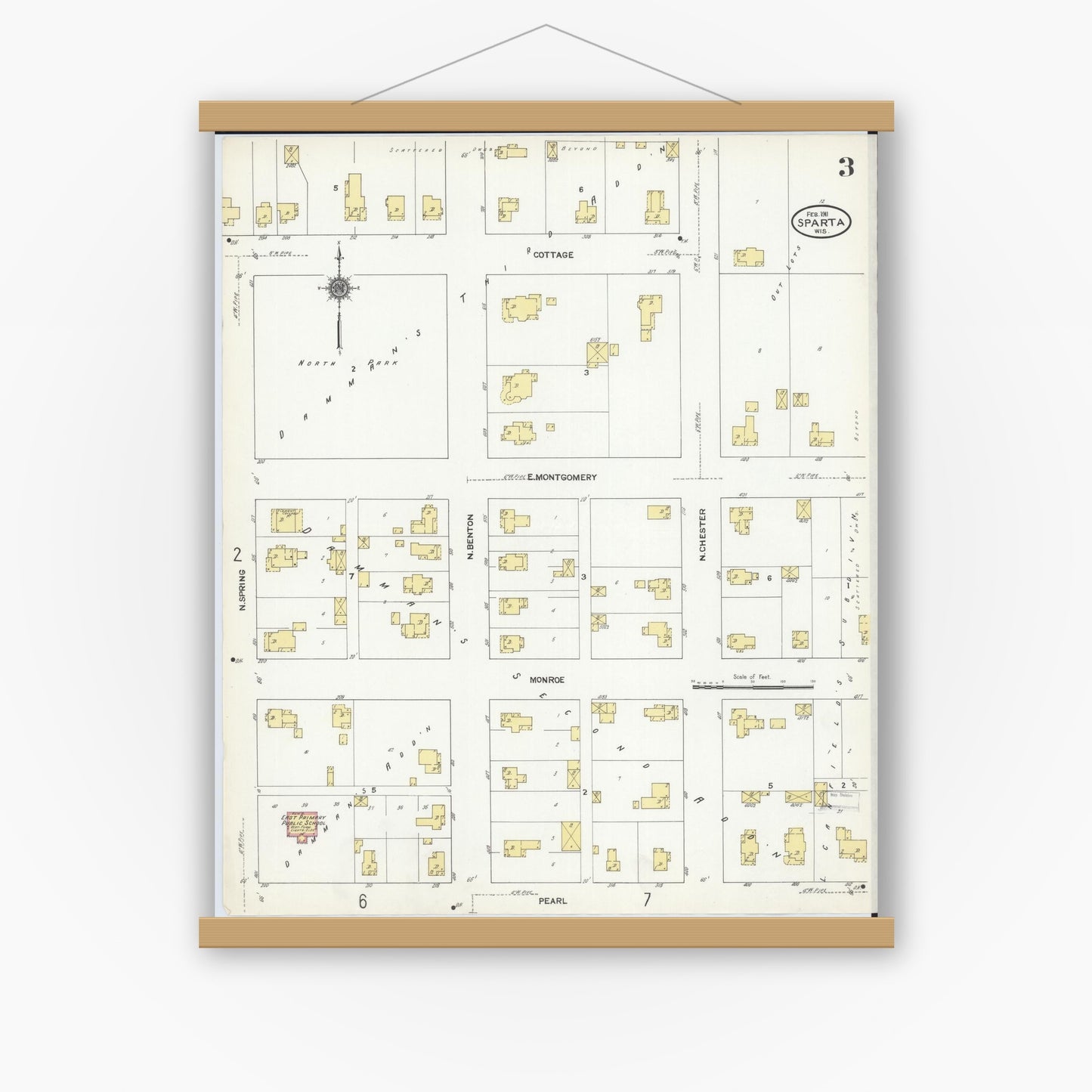 Old map wall art mockup — magnetic wood frame on white wall — Sanborn Fire Insurance Map from Sparta, Monroe County, Wisconsin (1911), Sheet #0003