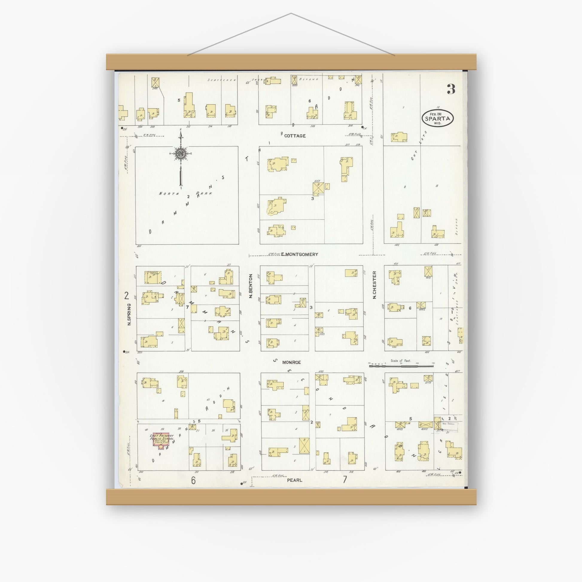 Old map wall art mockup — magnetic wood frame on white wall — Sanborn Fire Insurance Map from Sparta, Monroe County, Wisconsin (1911), Sheet #0003