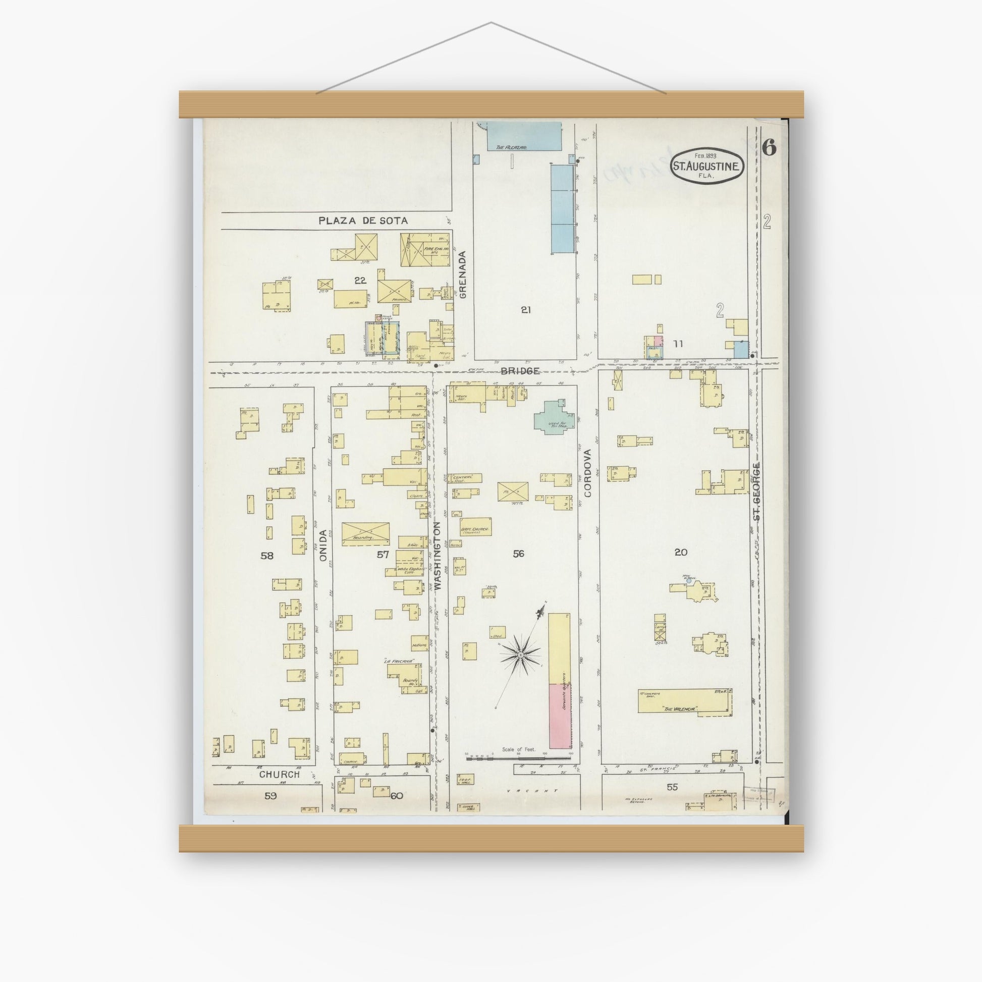 Old map wall art mockup — magnetic wood frame on white wall — Sanborn Fire Insurance Map from Saint Augustine, Saint John's County, Florida (1893), Sheet #0006