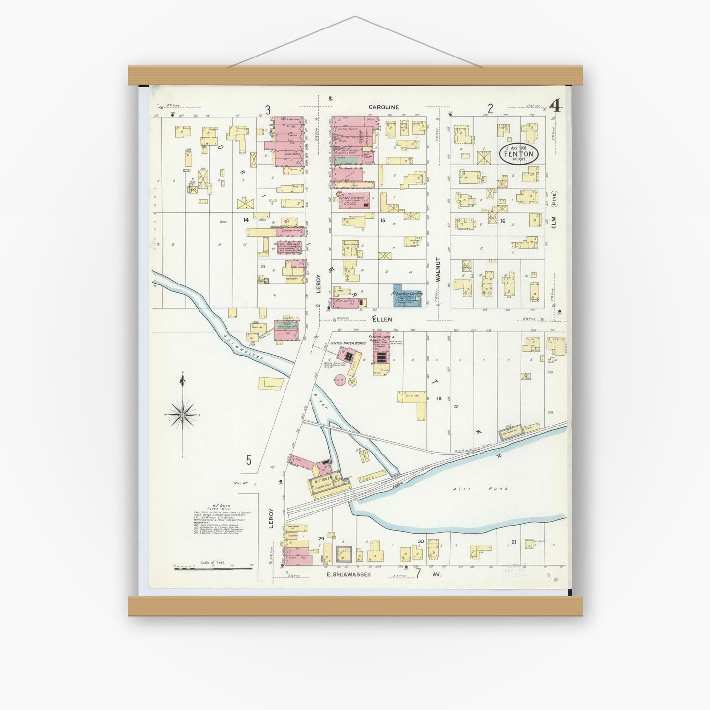 Old map wall art mockup — magnetic wood frame on white wall — Sanborn Fire Insurance Map from Fenton, Genesee County, Michigan (1908), Sheet #0004